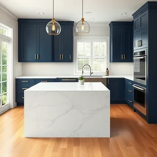 Modern renovated kitchen in Welcome Maryland with navy blue cabinets brushed brass hardware white marble island stainless steel appliances warm oak flooring large window lush greenery