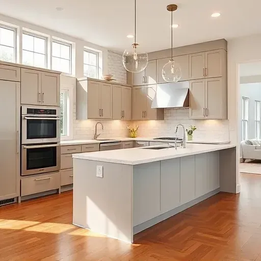Recently remodeled modern kitchen in Huntingtown MD with matte cabinets quartz island stainless appliances gray subway tiles hardwood floors and large windows