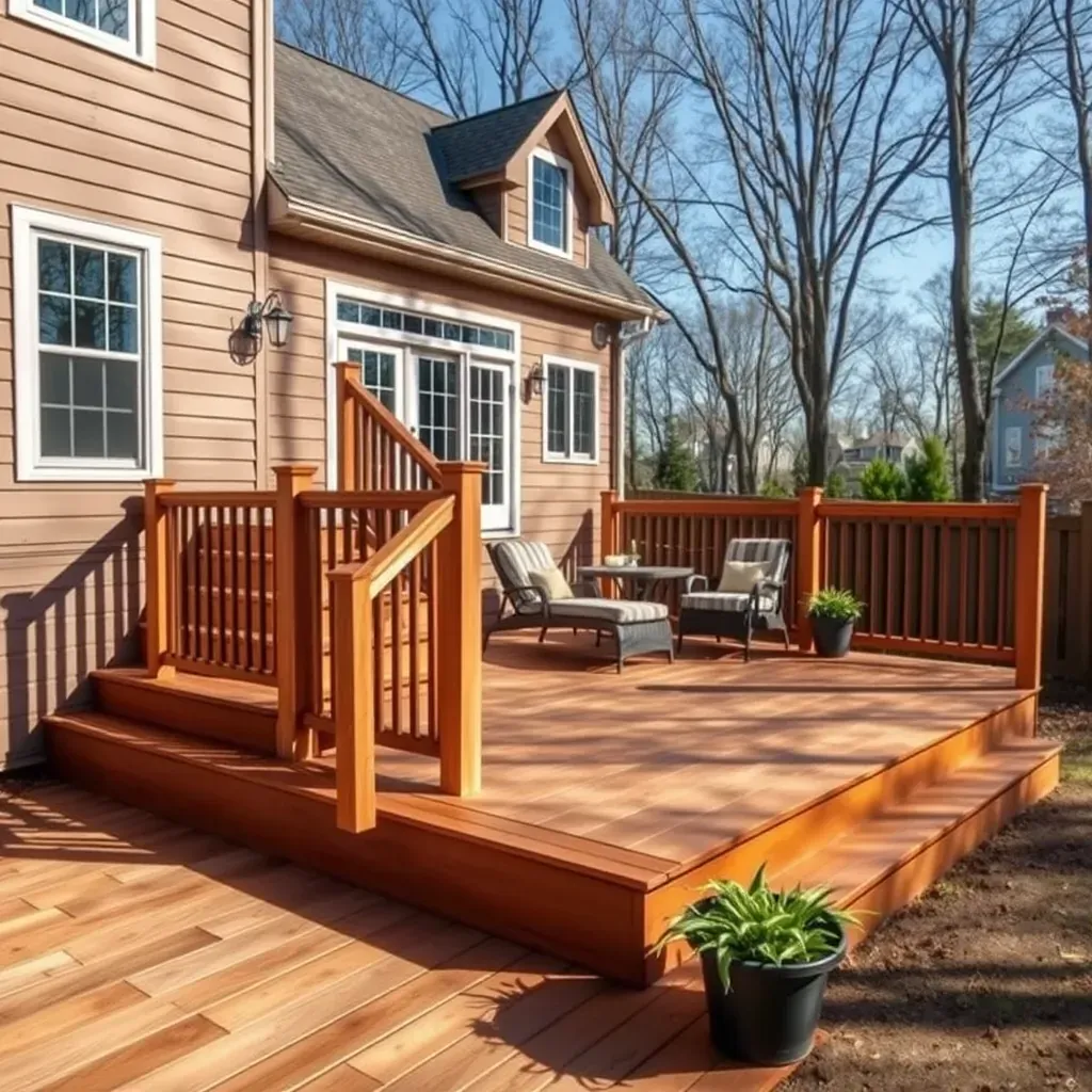 A deck builder working on a wooden deck project in Pasadena, MD, surrounded by greenery and construction tools.