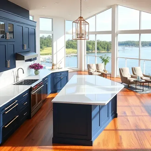 Renovated Gibson Island kitchen with navy cabinetry, white quartz island, stainless appliances, hardwood floors, waterfront view