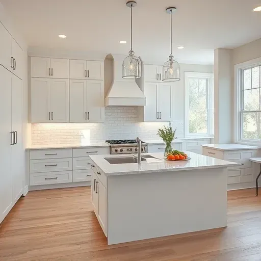 Stunning kitchen remodel in West Friendship MD featuring white cabinetry, quartz island, and natural light.