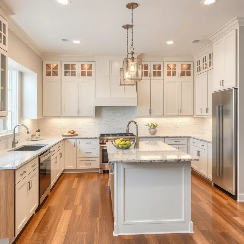 Modern Glenel, MD kitchen with white quartz countertops, dark espresso cabinets, island with marble surface, stainless appliances.