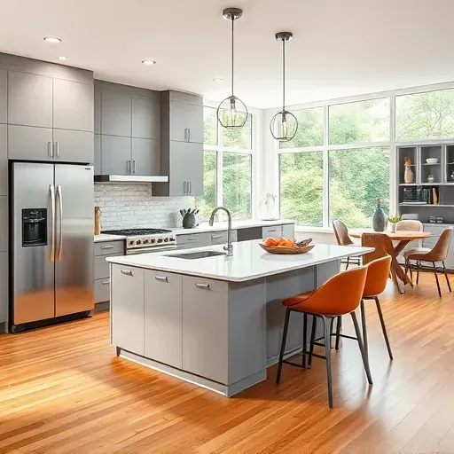 Remodeled modern kitchen in Rockville MD with quartz countertops, subway tile backsplash, custom matte gray cabinets and hardwood flooring