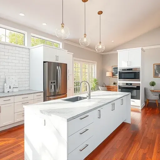 Remodeled Ellicott City kitchen with granite countertops, white cabinets, stainless steel appliances, subway tile backsplash, hardwood floors, and ample natural light