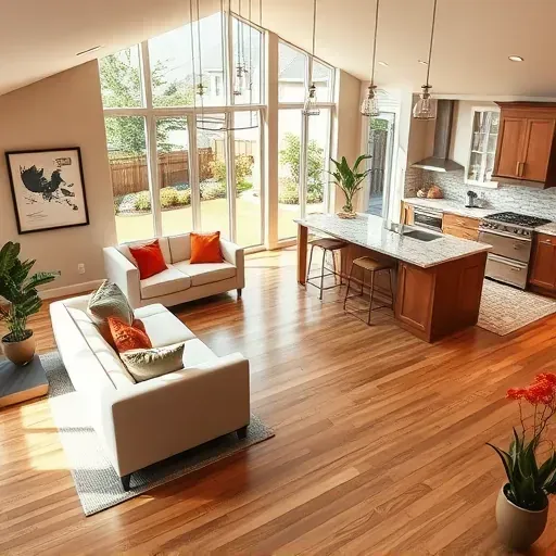 Spacious modern living room in Phoenix MD with natural light, hardwood floors, stylish furniture, and upscale kitchen.