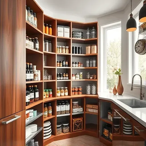 Well-organized modern pantry with labeled containers, sleek shelving, and bright natural light in a contemporary Pasadena kitchen