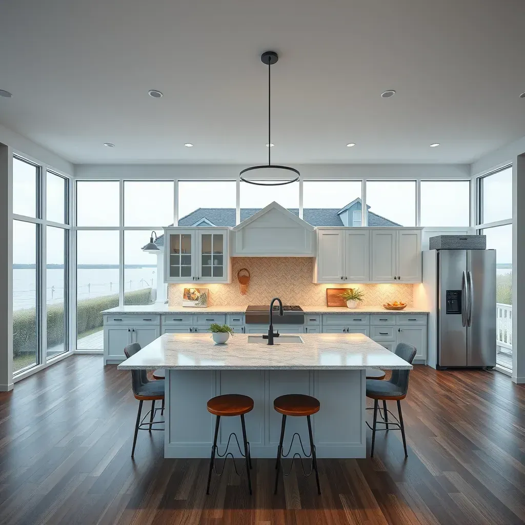 Home renovation on Gibson Island MD showing a modern waterfront house, scaffolding, tools, greenery, boats, and water view.