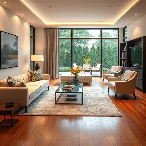 Modern living room remodel in Clarksburg, MD with elegant furniture, warm lighting, hardwood floors, and large windows.