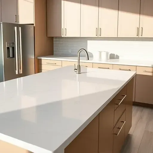 Newly installed polished quartz kitchen countertop in Pasadena Maryland with modern cabinets stainless steel appliances and subtle veining