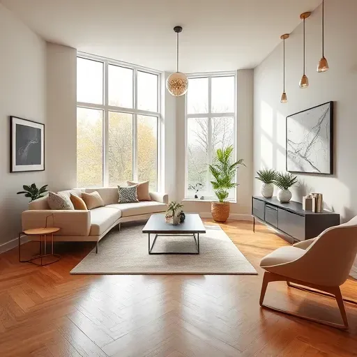 Contemporary living room in Fallston MD with hardwood floors, large windows, modern furniture, and cozy reading nook.