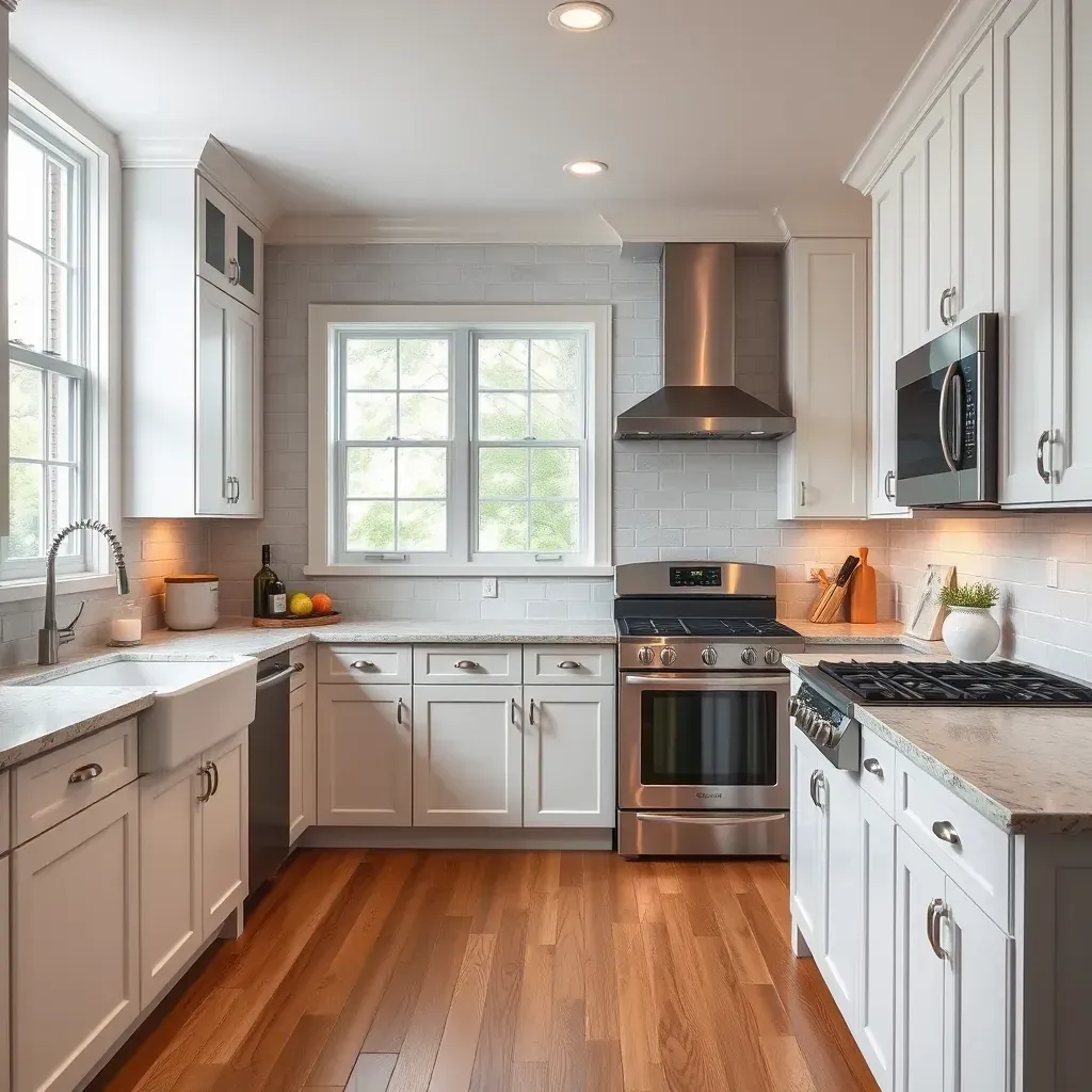 A modern kitchen in Pasadena, MD with sleek cabinetry, stainless steel appliances, and elegant lighting.