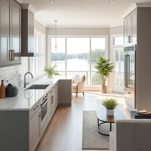Modern kitchen with gray cabinetry, marble countertops, and elegant backsplash in Gibson Island MD, showcasing luxury design.
