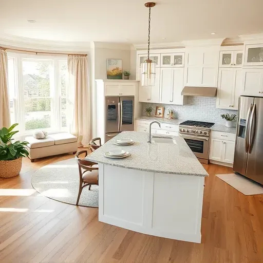 Stylish kitchen and living area in Accokeek, MD with modern white cabinetry, granite island, and elegant decor.