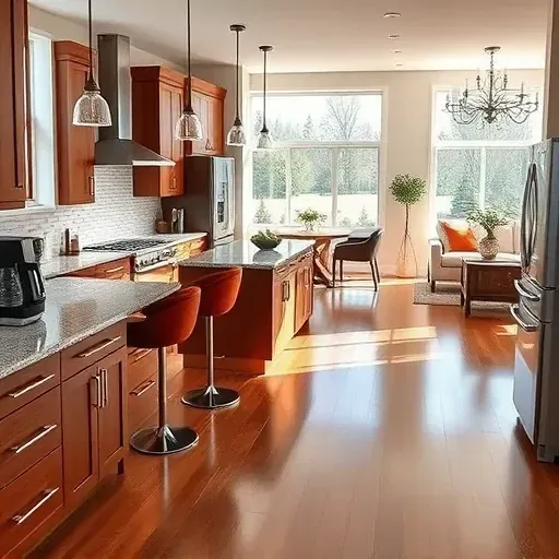 Remodeled Hughesville MD kitchen with granite countertops stainless steel appliances custom wood cabinets hardwood floor and natural light