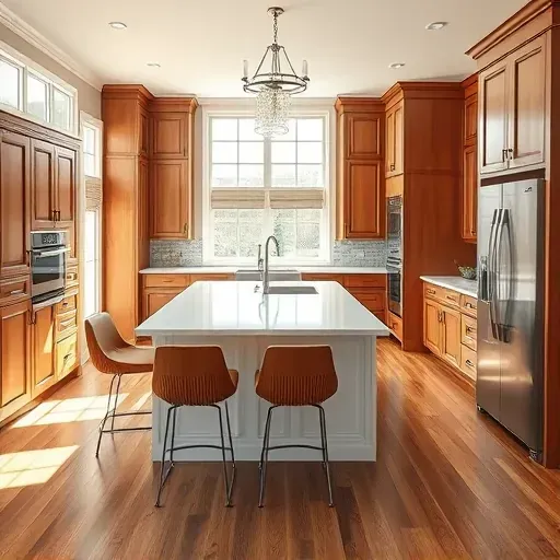 Remodeled modern kitchen in Glen Arm MD with granite countertops stainless steel appliances wooden cabinets island hardwood flooring and natural light