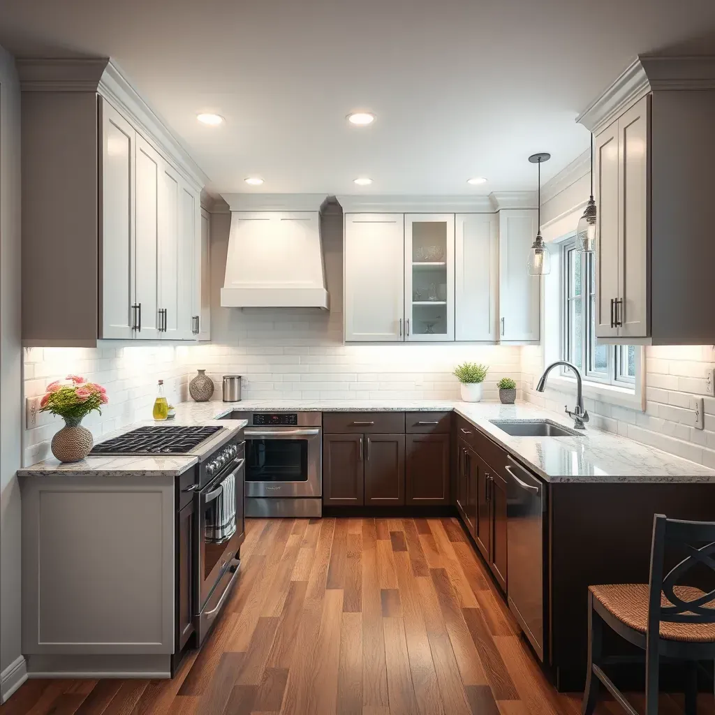Modern Pasadena, MD kitchen with sleek gray cabinets, white quartz countertops, stainless appliances, and natural light.