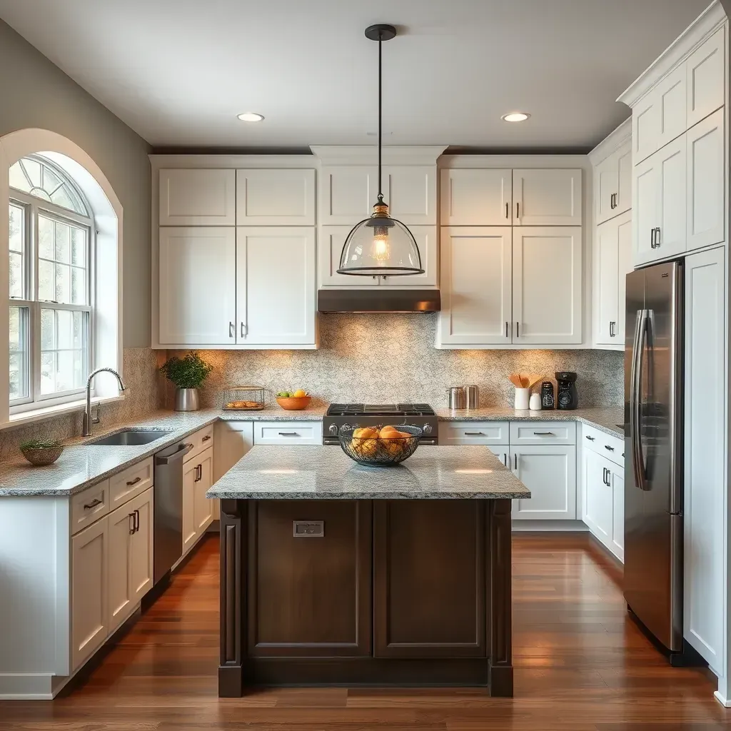 Modern Myersville kitchen with navy cabinets, granite counters, stainless appliances, and scenic Maryland views.