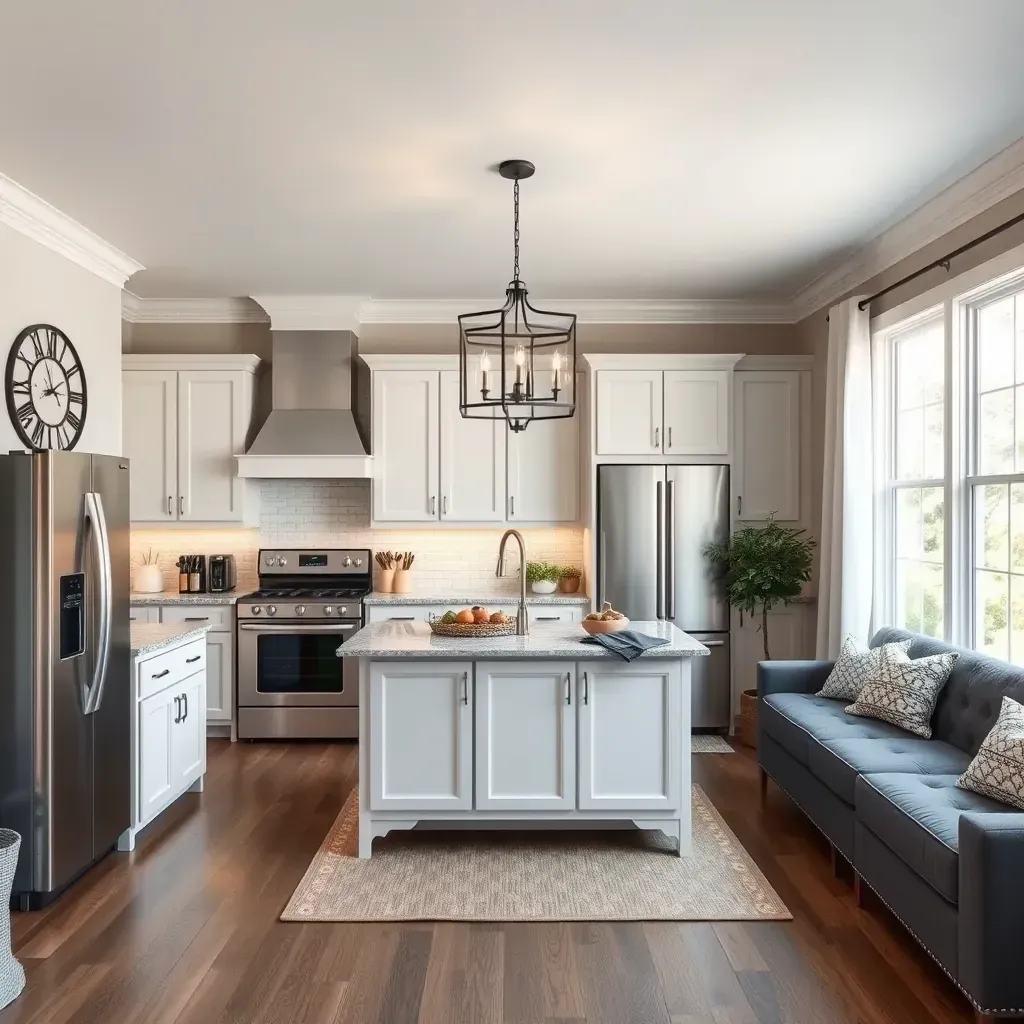 Modern kitchen in Parkton, MD with white cabinets, quartz countertops, stainless appliances, dark hardwood floors, and natural light.
