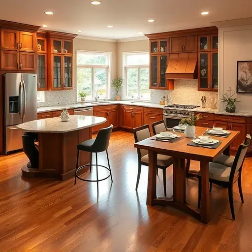 Modern kitchen remodel in Fulton MD with stainless steel appliances, granite island, and elegant wood cabinetry.