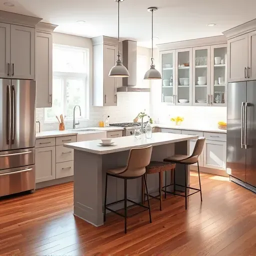 Modern remodeled Marriottsville kitchen with sleek cabinets stainless steel appliances quartz countertops spacious island hardwood floors and stylish decor