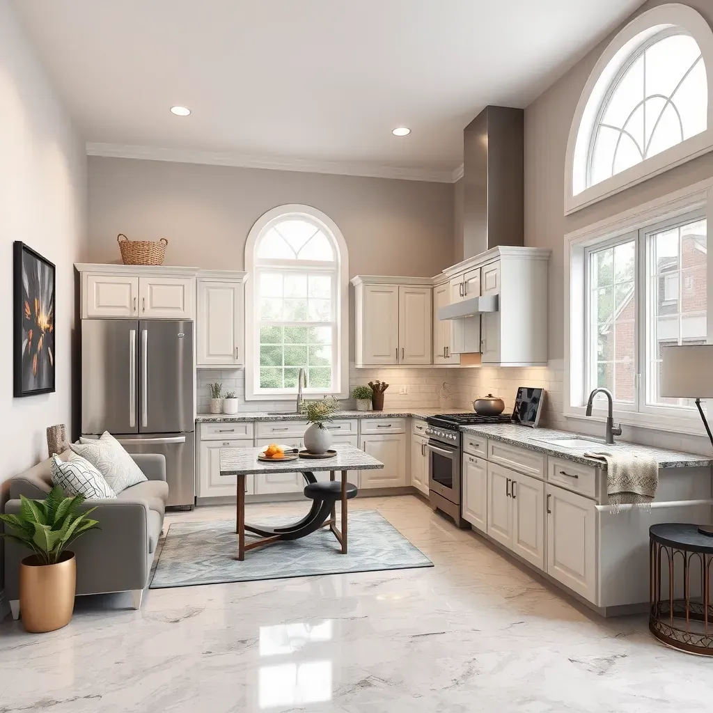 Modern White Marsh kitchen with white cabinets, gray marble countertops, a large island, pendant lights, and dark hardwood floors.