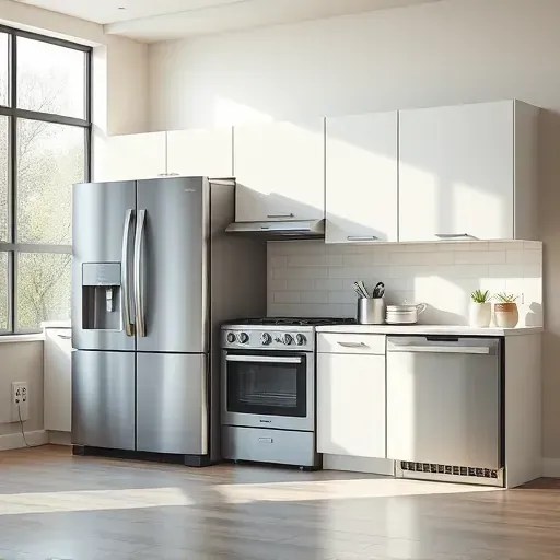 Modern kitchen in Pasadena with sleek stainless steel appliances, polished surfaces, clean lines, and bright natural lighting