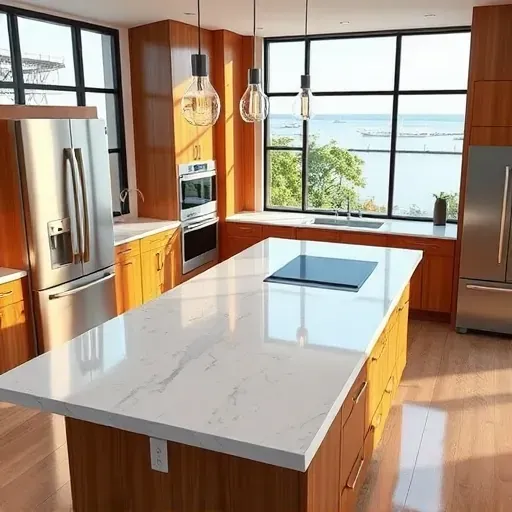 Modern Pasadena kitchen with marble island, wooden cabinetry, stainless steel appliances, waterfront view, natural light