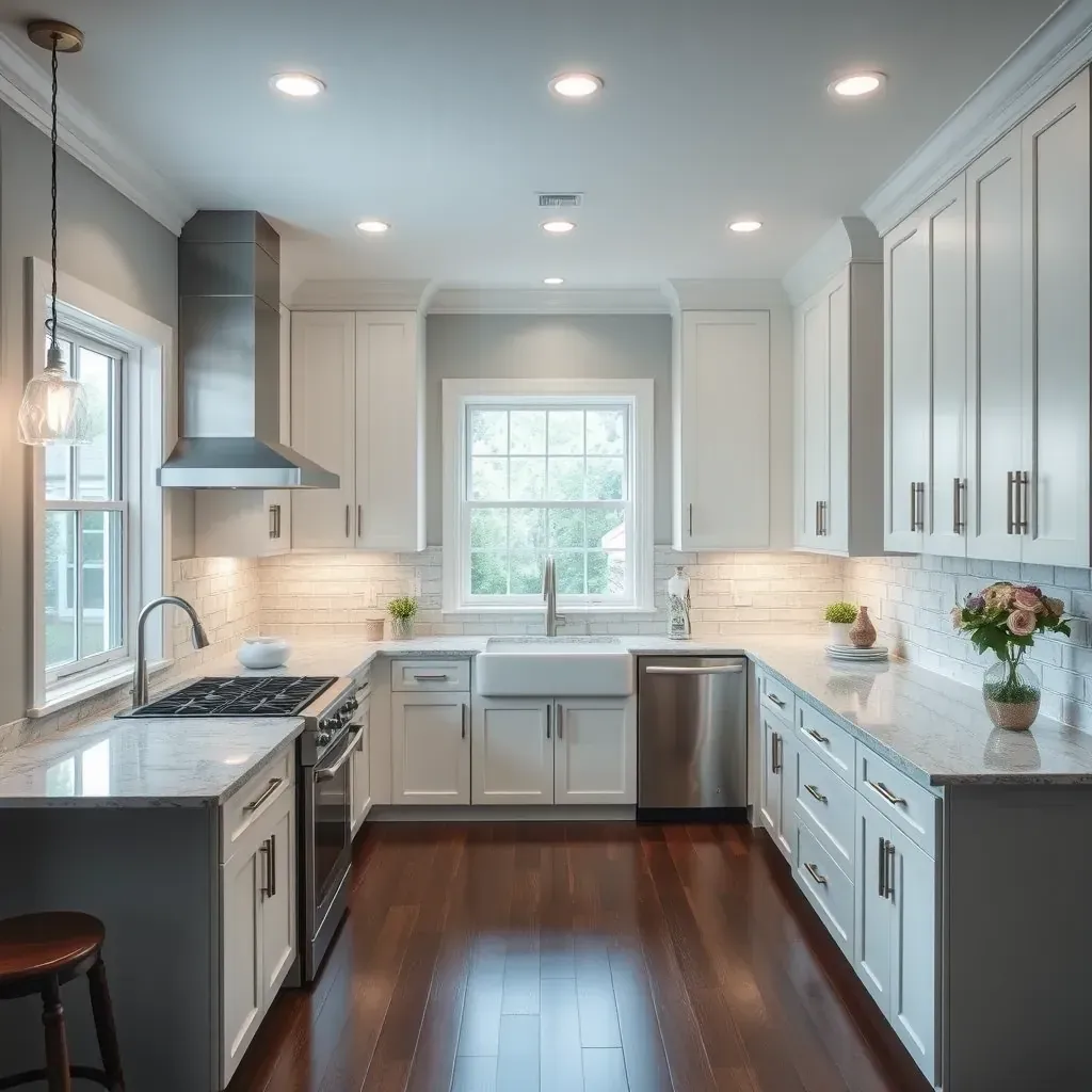 Modern Bowie, MD kitchen with gray cabinetry, quartz countertops, island, subway tile backsplash, stainless steel appliances, hardwood floors.