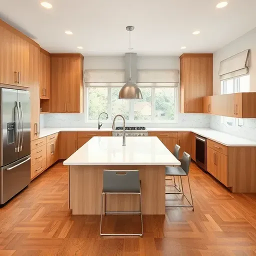 Modern Ellicott City kitchen with white quartz countertops, wooden cabinets, stainless steel appliances, marble island, and hardwood floors