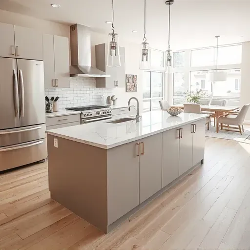 Remodeled Phoenix MD kitchen with modern matte cabinets, marble island, pendant lighting, stainless appliances, subway backsplash, hardwood floors, bright open space