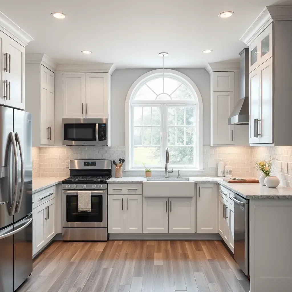 Modern Middletown, MD kitchen with oak cabinets, granite countertops, stainless appliances, farmhouse sink, hardwood floors.