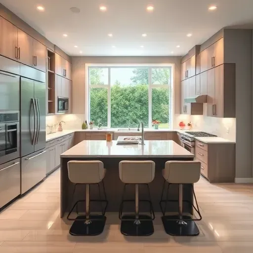 Recently remodeled Annapolis kitchen features modern cabinetry, quartz countertops, and a stylish island with barstools.