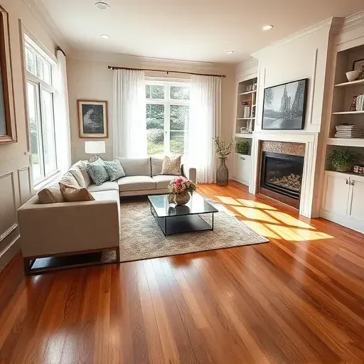 Beautifully remodeled living room in West Friendship MD with hardwood floors, stylish furniture, and calm décor.