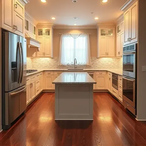 Kitchen remodel in Hanover MD features stainless steel appliances, granite island, elegant cabinetry, and modern tile backsplash.