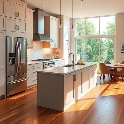 Modern Fulton MD kitchen with sleek cabinetry, stainless steel appliances, quartz island, hardwood floors, and bright natural light