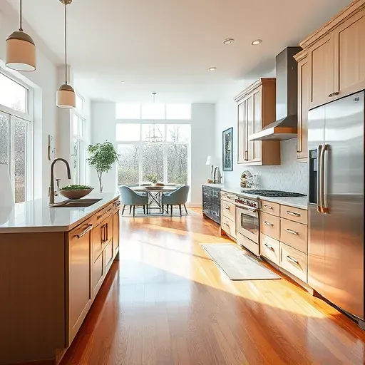 Modern remodeled kitchen in Gaithersburg MD with sleek countertops, stainless appliances, and warm wooden floors.