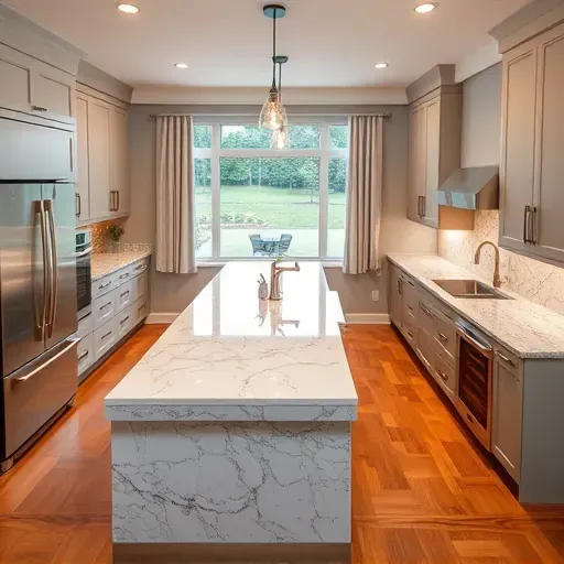 Luxury Pasadena MD kitchen with granite countertops, stainless appliances, marble island, and landscaped backyard view