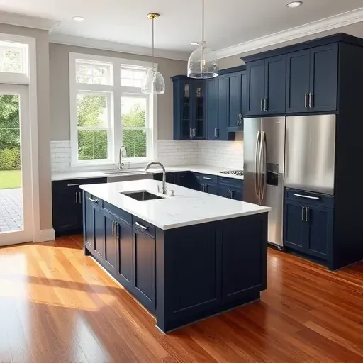 Recently remodeled Annapolis MD kitchen with navy blue cabinets, marble island, stainless appliances, hardwood floors, and natural light