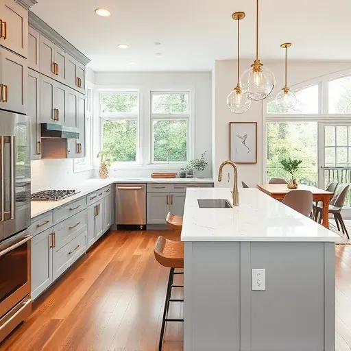 Modern kitchen remodel in Glenel, MD featuring gray cabinetry, brass hardware, quartz countertops, and warm wood floors.