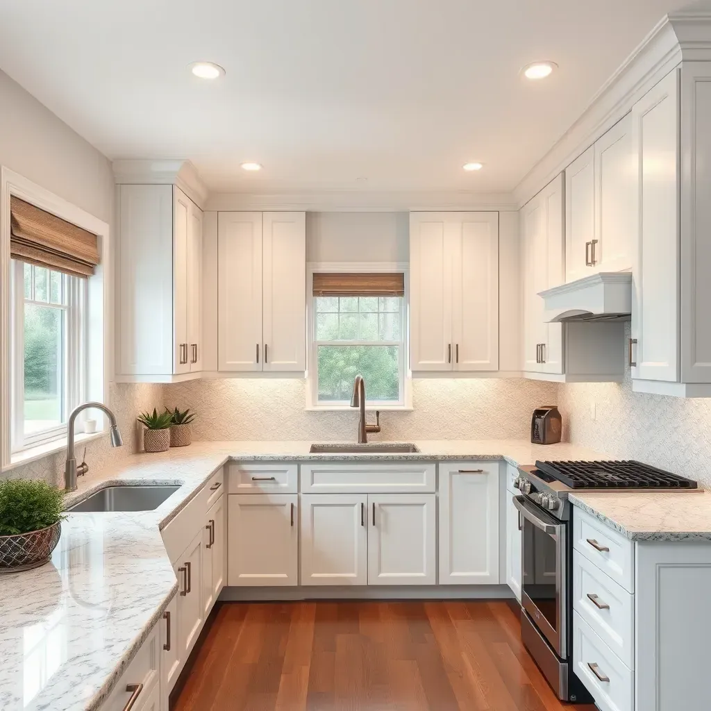 Modern White Marsh kitchen with white cabinets, quartz countertops, stainless steel appliances, farmhouse sink, and warm wood-look flooring.