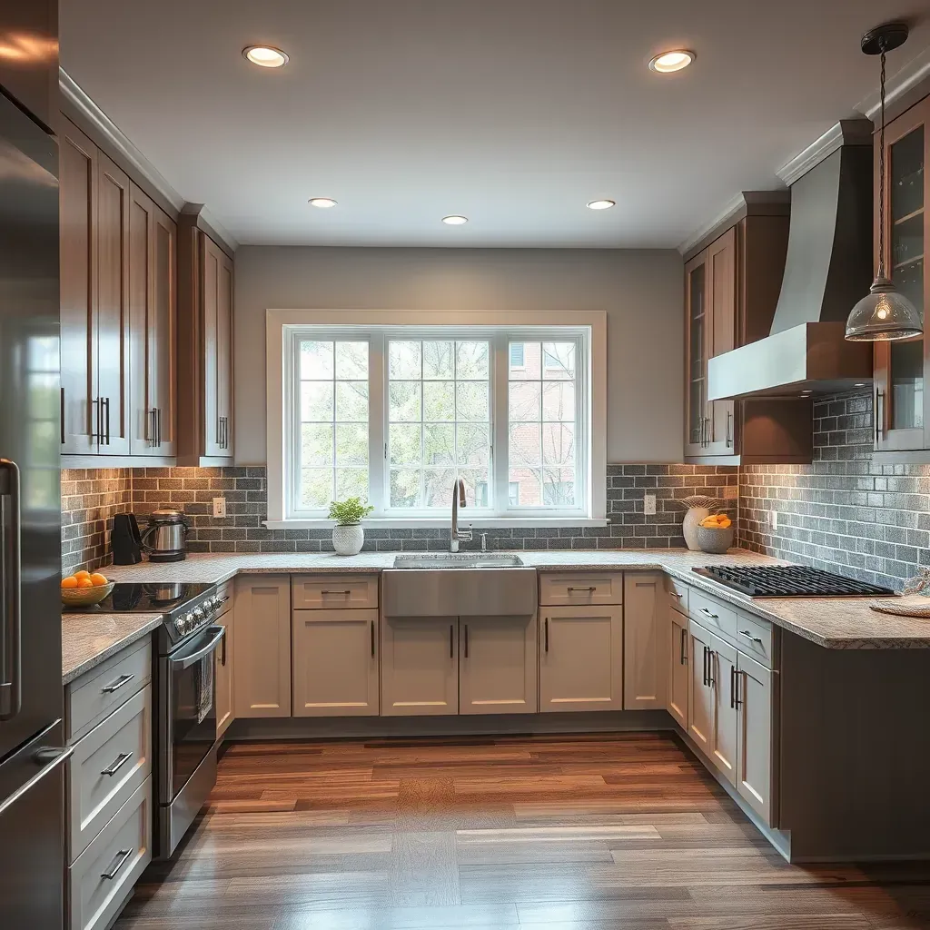 Modern kitchen in Rockville, MD featuring white quartz countertops, gray cabinetry, stainless steel appliances, mosaic backsplash, and hardwood floors.
