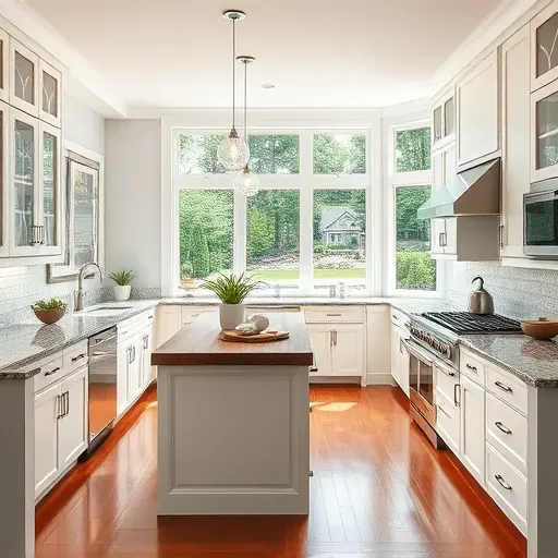 Modern remodeled Pasadena Maryland kitchen with granite countertops stainless-steel appliances custom white cabinetry and panoramic backyard views
