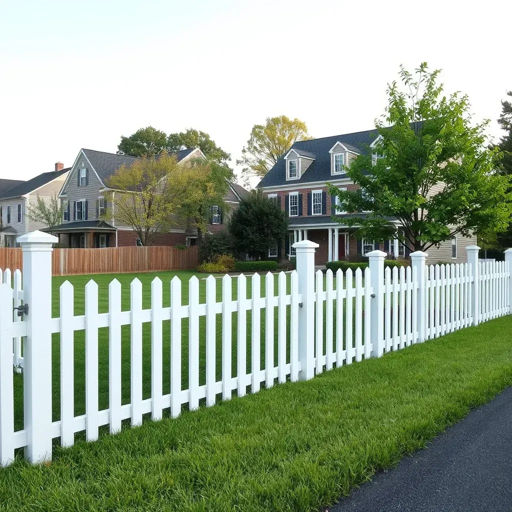 Serene Pasadena, MD street scene with a white wooden fence, lush greenery, flowering bushes, and charming homes.