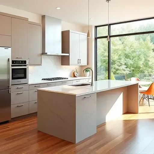 Modern kitchen remodel in Marriottsville MD featuring sleek cabinetry, quartz countertops, and stainless steel appliances.