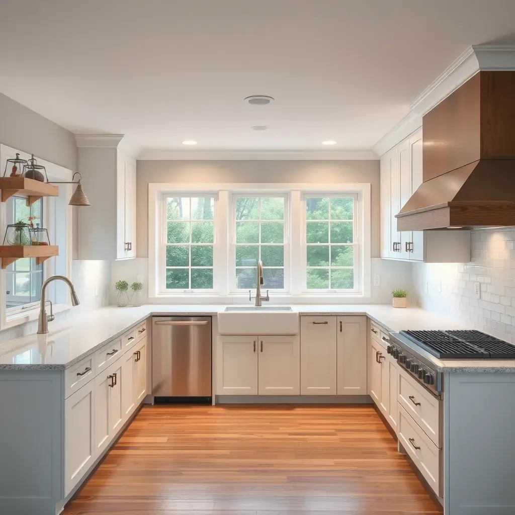 Spacious Clarksville, MD kitchen with white shaker cabinets, granite countertops, stainless steel appliances, and hardwood floors.