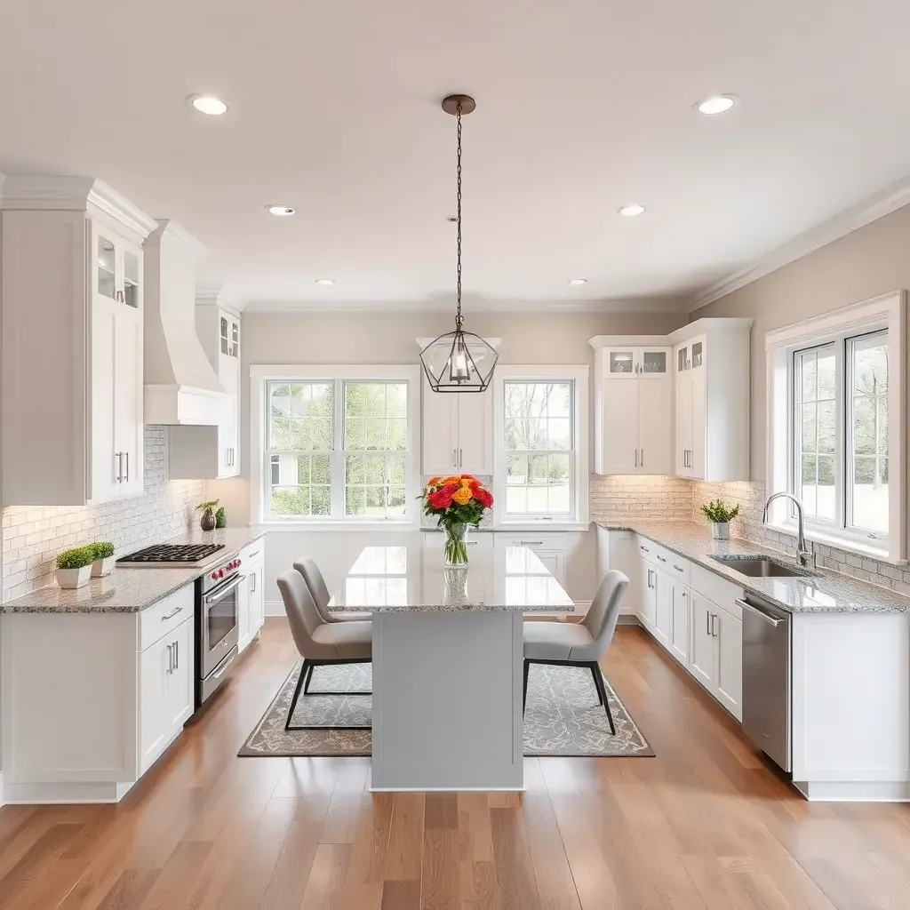 Modern renovated Mount Airy home exterior with new porch, stone accents, landscaping, and updated siding and windows.