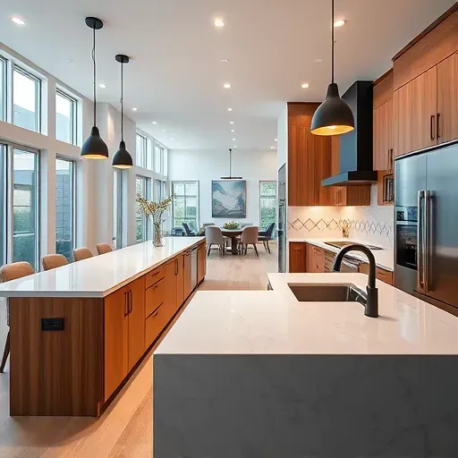 Modern kitchen remodel in Phoenix MD featuring quartz countertops, a spacious island with under-cabinet lighting, stainless steel appliances, custom wood cabinetry, pendant lights, geometric backsplash, natural light, and open living area