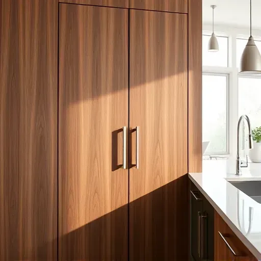 Finished dark oak kitchen cabinet door with stainless steel handle in a modern Pasadena Maryland kitchen