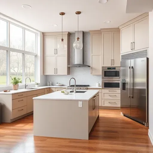 Modern Highland kitchen with sleek matte cabinets granite island stainless steel appliances bright natural light hardwood floors and stylish decor