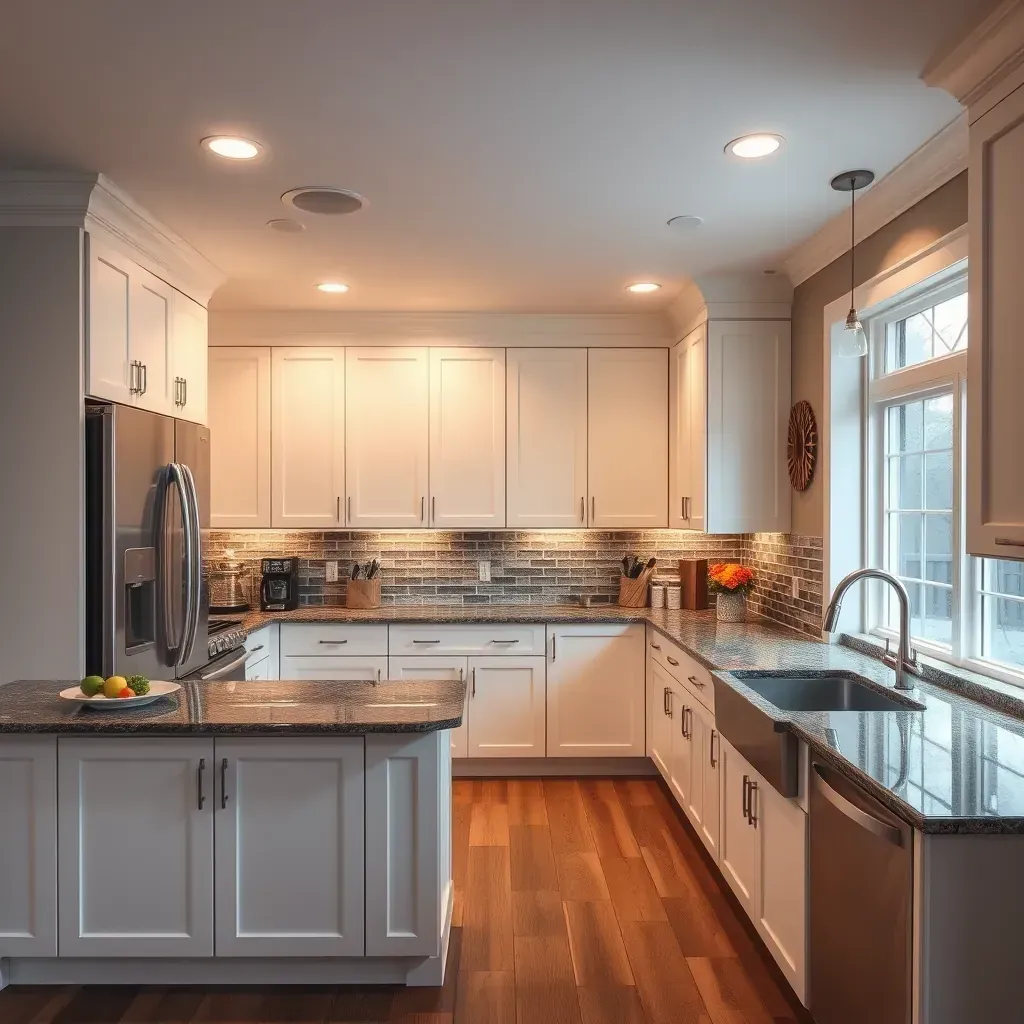 Remodeled Phoenix, MD kitchen with sleek cabinets, stainless steel appliances, granite countertops, island, and warm hardwood floors.